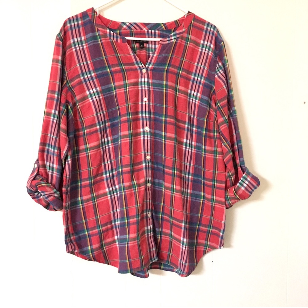 Talbots plaid button down collarless blouse shirt
